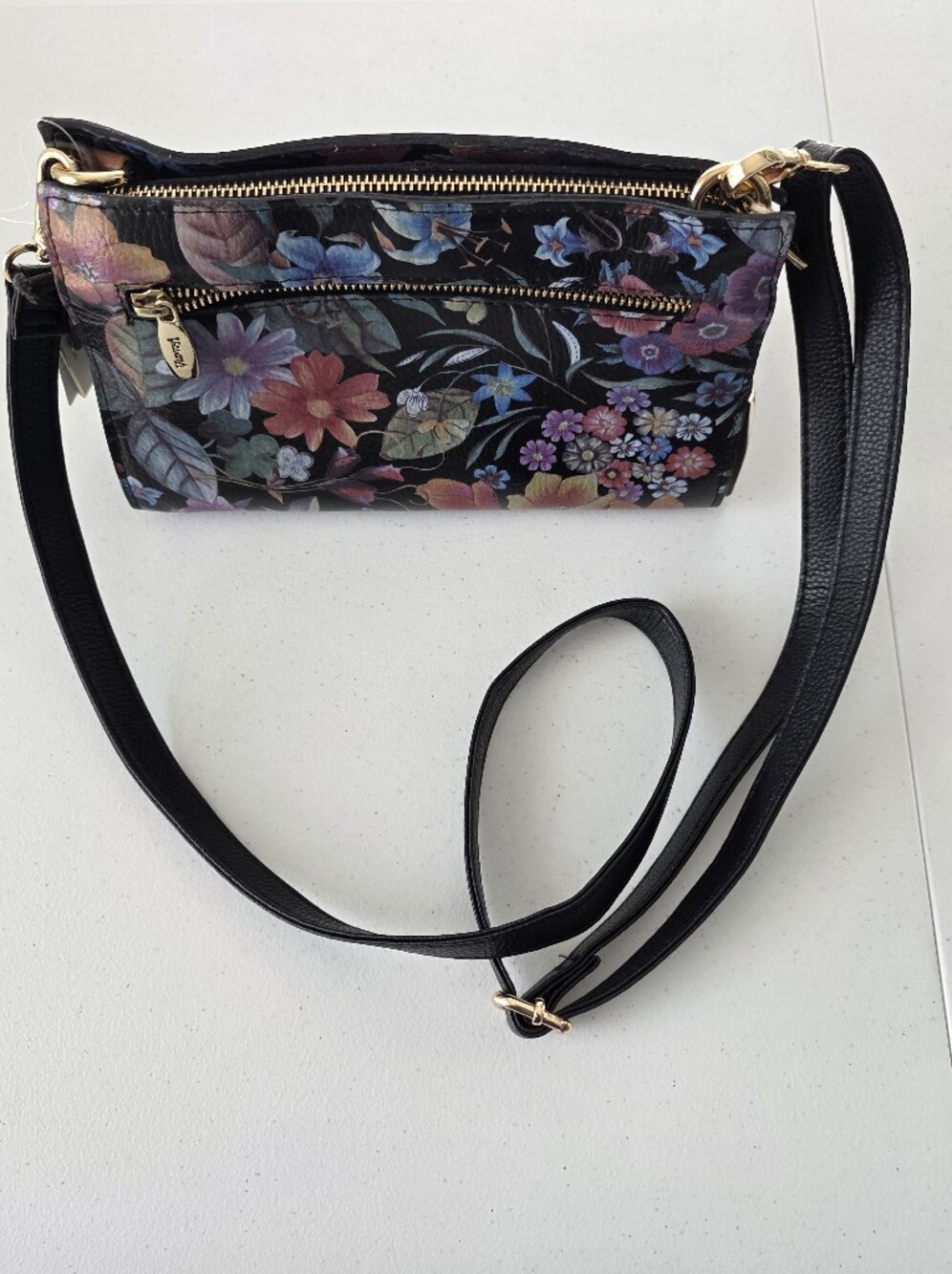Valentina Black Floral Crossbody Bag Leather Adjustable Strap Purse Italy NEW